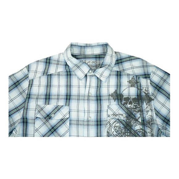 Blue Sol Shirt Mens Large Plaid Western Pearl Snap Rodeo Floral Skulls - Picture 4 of 6